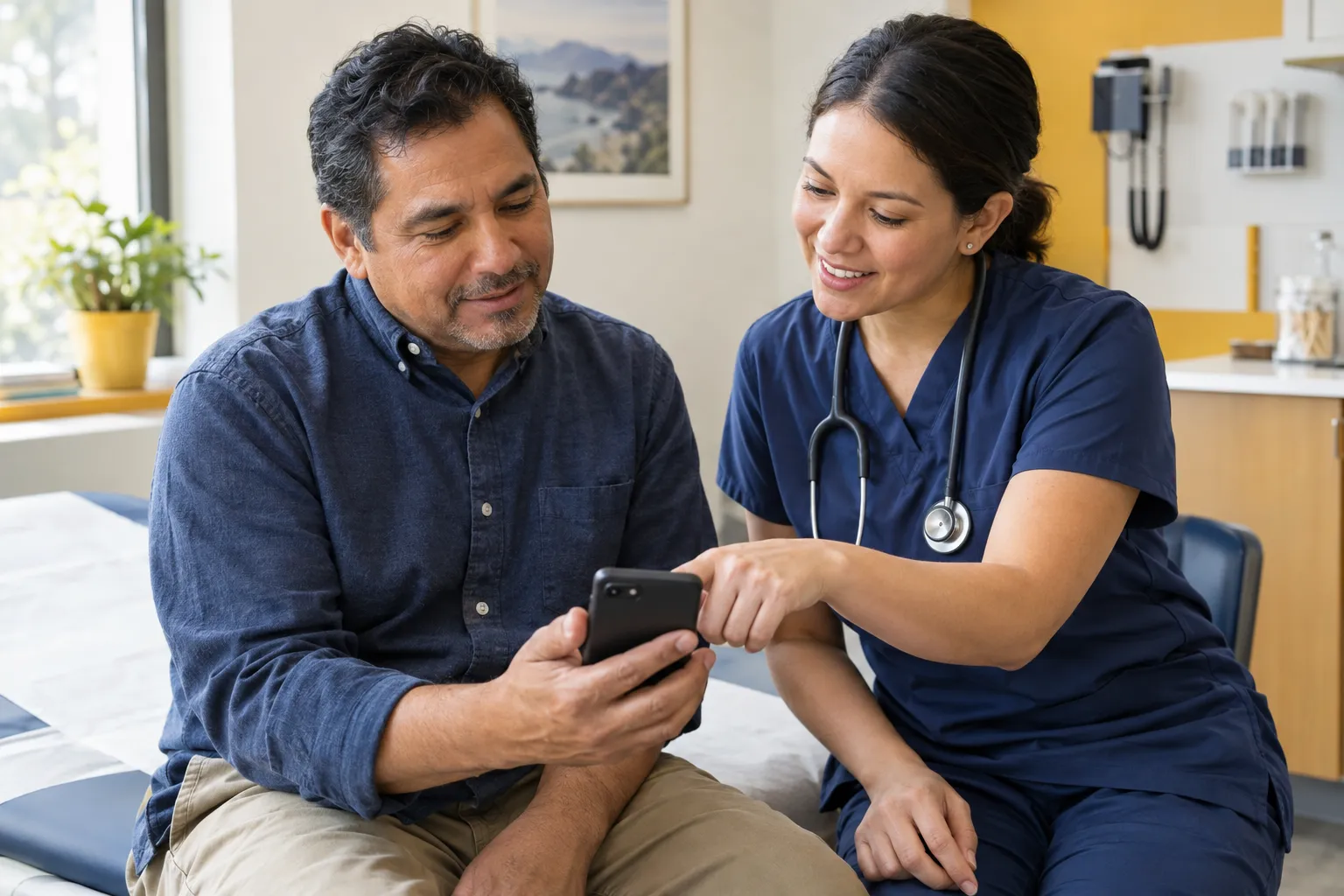 A patient shares his phone screen with a nurse