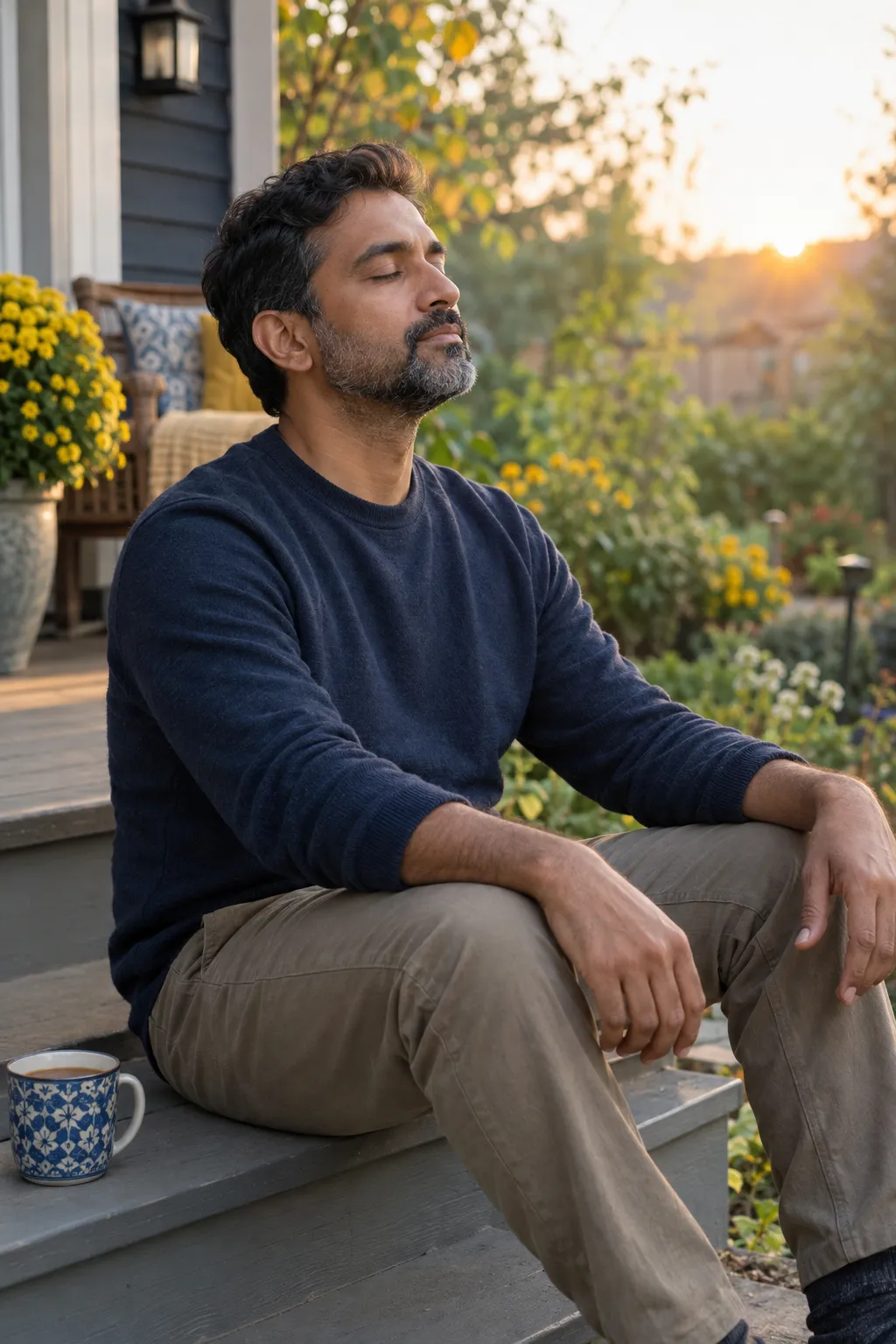 A man sits on a porch step at sunrise, eyes closed, taking a slow breath