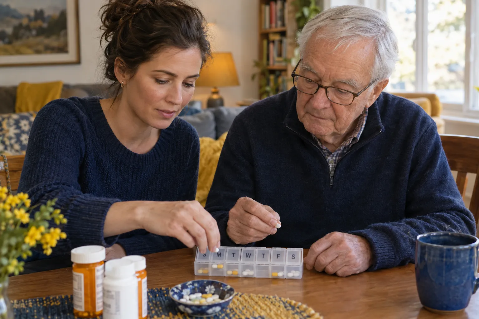 A daughter and her father working together at a table