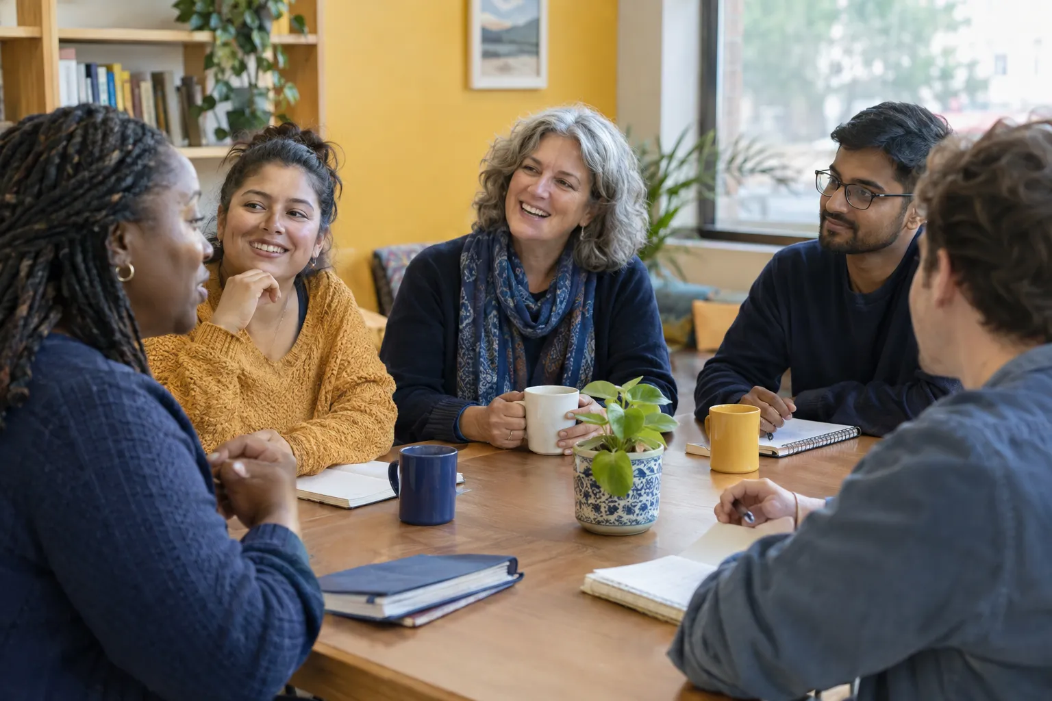 A diverse group of adults in conversation around a table