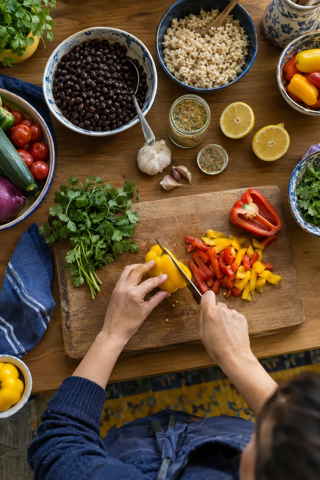 Hands chopping peppers next to bowls of beans, grains, lemons, and fresh herbs