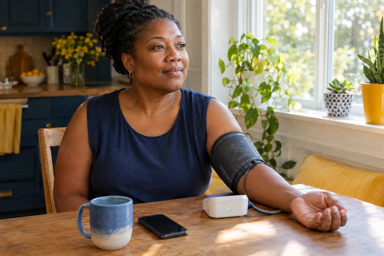 A woman sits at her kitchen table in the morning, calmly taking her blood pressure with an upper-arm cuff
