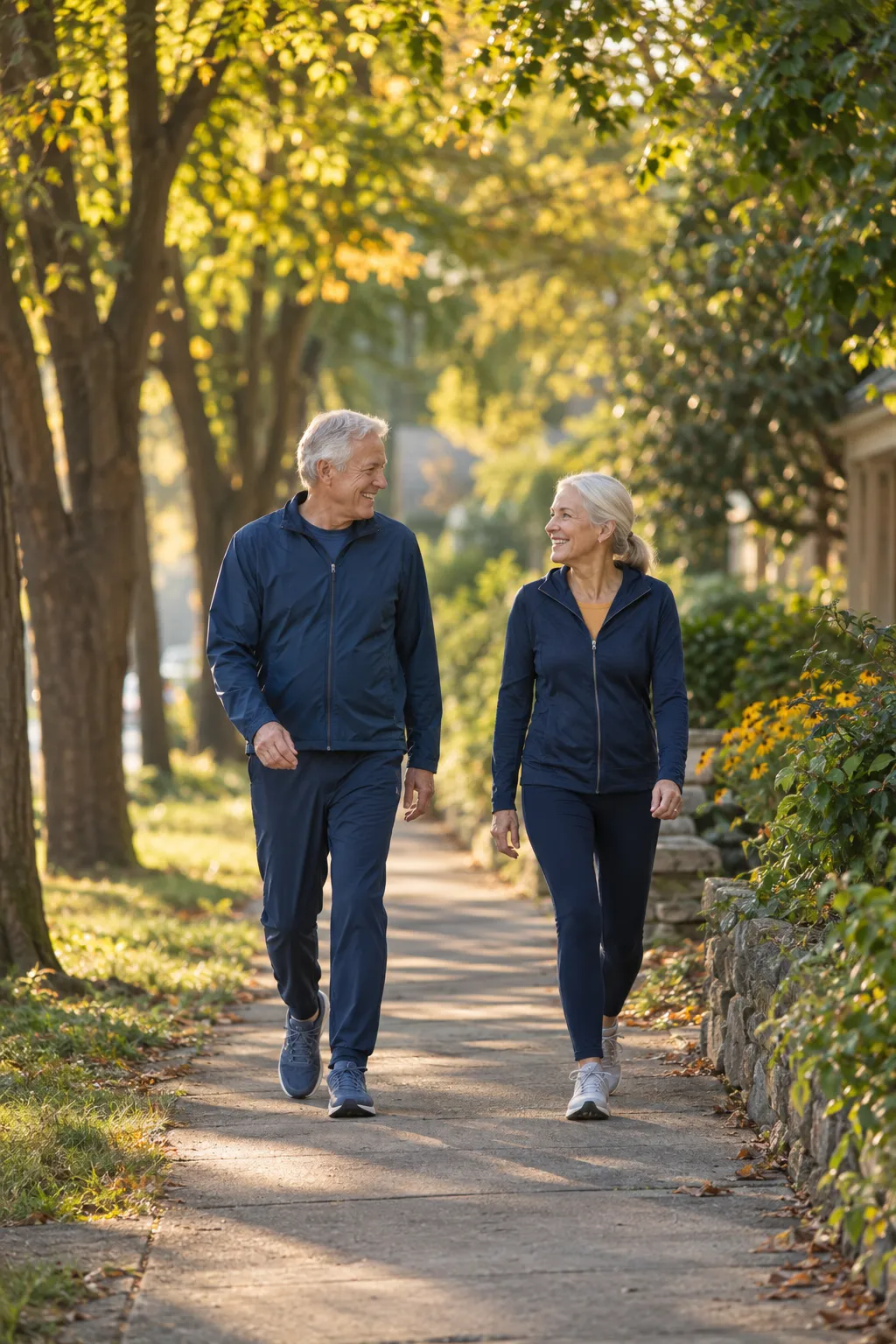 Two people walking together in morning light